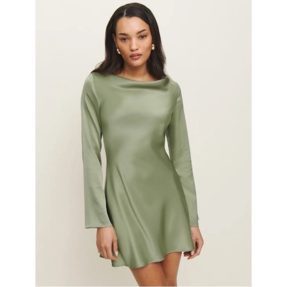NWT Reformation Pike Long-Sleeve Satin Mini Dress Artichoke Green XS